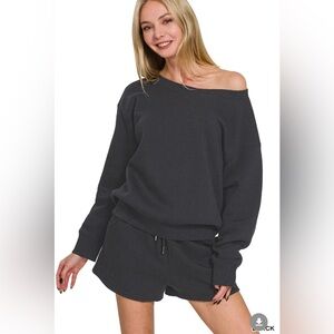 Zenana Fleece Boat Neck Sweatshirts & Shorts 2pcs Set